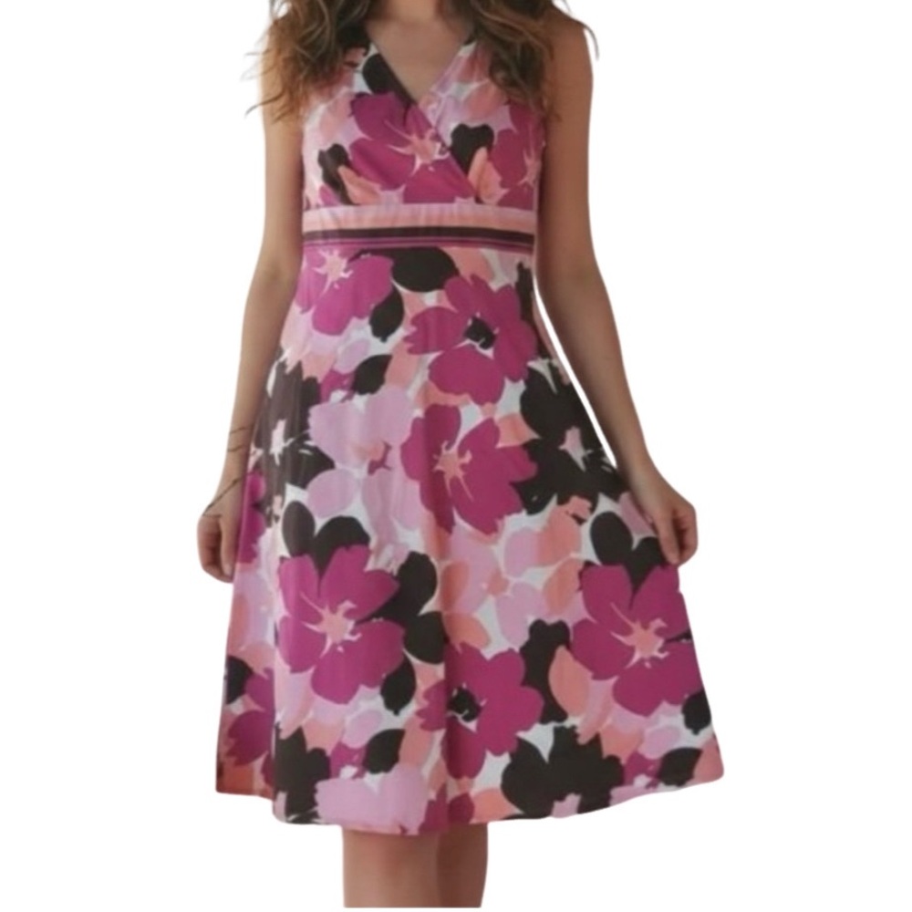 Croft & Barrow Floral V-Neck Midi Dress - Pink and Brown. Size 14P. Side zip.